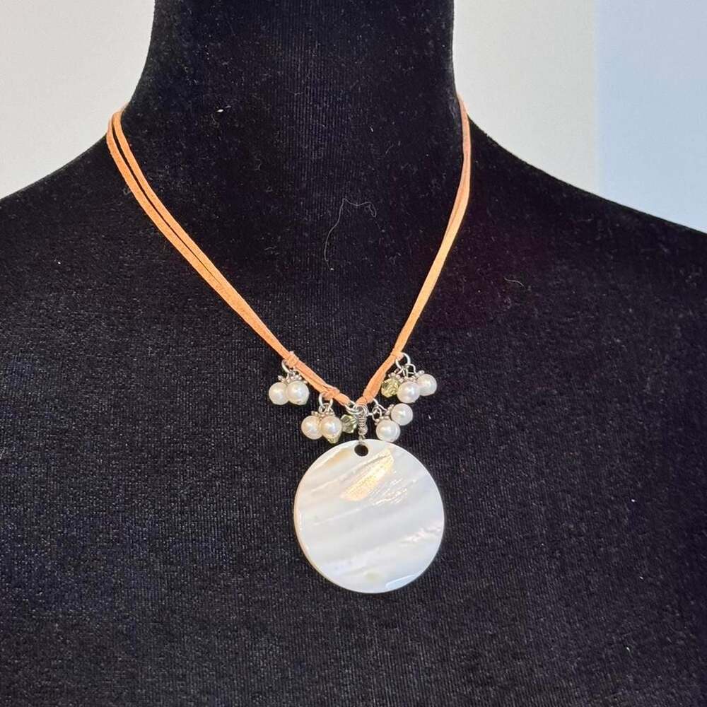 White Shell Pendant Necklace with Pearl and Crystal Charms